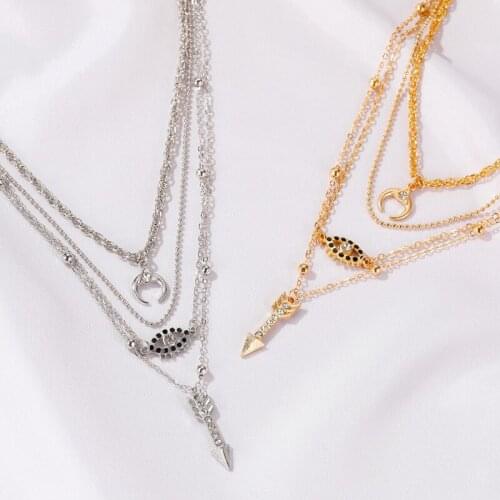 Gold Silver Color Crescent Moon Eye Arrow Pendant Necklace Women Vintage Multilayer Tassel Necklaces Collar Jewelry Gift