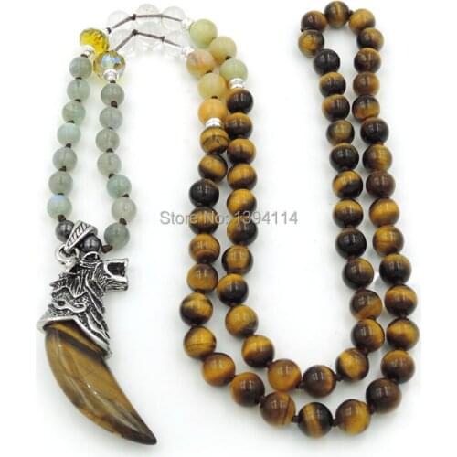 Mixed Stone Wolf Head Crescent Pendants Necklaces Natural Stone Round Beads Knot Handmade