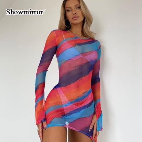Showmirror Print Y2K Robe Mesh Dress Women Sexy Mini Dress See Through Long Sleeve Striped Summer Female Fashion Party Club