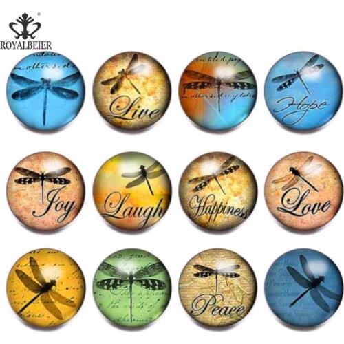 RoyalBeier 12pcs/lot Dragonfly Pattern Mixed Glass Charms 18mm Snap Button For 20mm Snap Bracelet Snap Jewelry