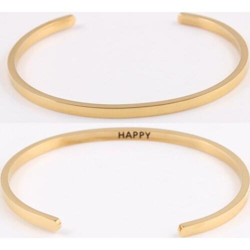 Inspirational Message Personalized Bracelet Initial Engraved HAPPY Friendship Cuff Mantra Bracelet Bangle for Women Gift Jewelry