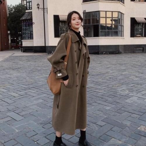 Vintage Army Green Cashmere Wool Coat Women Winter Clothes Long Sleeve Double-Breasted Loose Overcoat Belted Woolen Outerwear