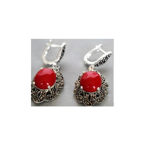 Vintage 925 Silver & Marcasite Red Coral Earrings Brincos Ohrringe Sterling Silver Jewelry Earring
