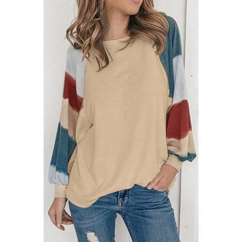 Splicing Print Women Blouse Long Sleeve Autumn Winter O-Neck Loose Elastic Cuff Pullover Streetwear