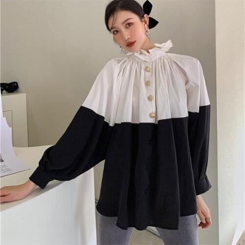 2021 Spring new shirt female long sleeve pleated stand collar super loose single breasted contrast color design fashion top y900