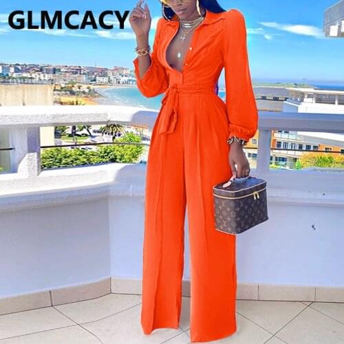 Women Long Sleeve Turn Down Collar Jumpsuits Chic Solid Regular Button Detail Shirt Jumpsuits