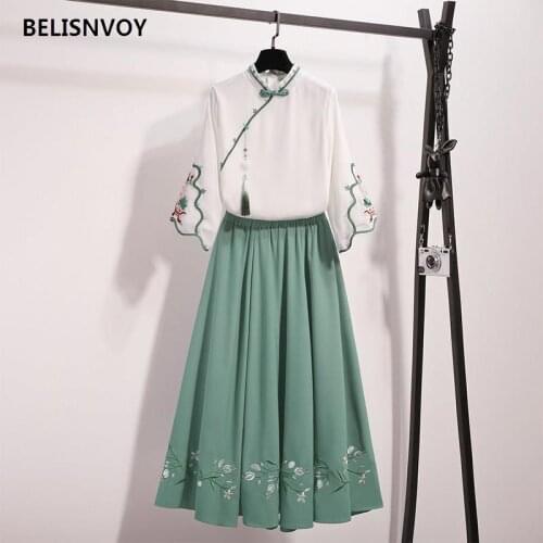 2021 Women Embroidery Set Blouse + Skirt Summer Style Two Piecesqwe