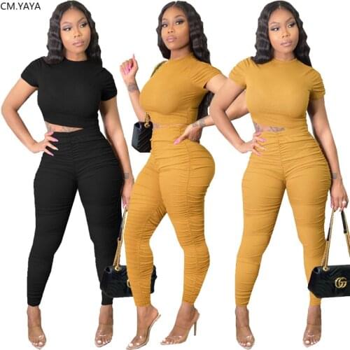 CM.YAYA Solid Knitted Women Set Two Pieces Sets Tracksuits T-shirt Stacked Jogger Sweatpants Suit Fitness Outfits Matching Set