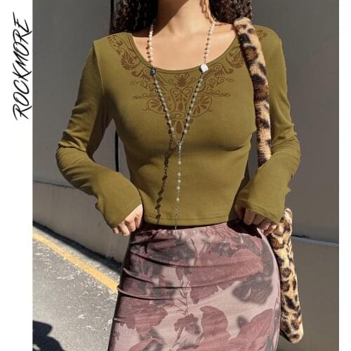 Rockmore Vintage Casual Crop Top Women Y2K Print Long Sleeve T-Shirt Harajuku E Girl Baby Tees Shirts Aesthetic Grunge Clothes