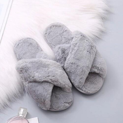 Winter Home Shoes Women House Slippers Warm Faux Fur Ladies Cross Soft Plush Furry Female Open Toe Slides Fashion Shoes