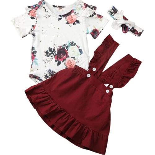 6M-24M Newborn Baby Girl Floral Top Romper Bodysuit & Strap Skirts Outfits 3PCS