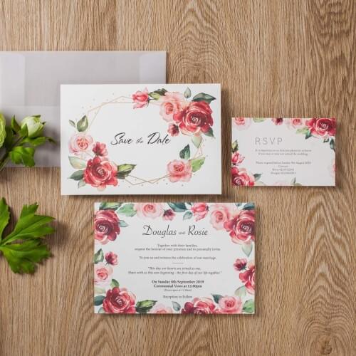 50pcs Floral Red Rose Wedding Invitations Transparent, Matched Gold Foil Border Sulfuric Envelope with RSVP & Save the Date Card