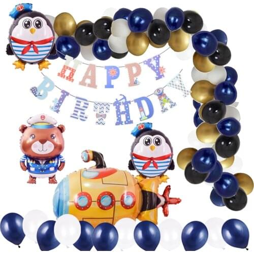57pcs/set Ocean Sailing Sailor Theme Birthday Party Decorations Kids Boy Ocean Birthday Banner Penguin Bear Submarine Balloon