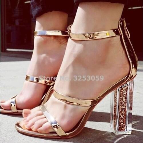 ALMUDENA Women Golden Cystal High Heels Bling Bling Gold Sequined Clear Chucky Heels Dress Shoes Wedding Pumps Strappy Shoes