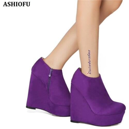 ASHIOFU Handmade Womens Wadge Heel Pumps Wedding Party Prom Dress Shoes Side-zipper Evening Fashion Court Shoes