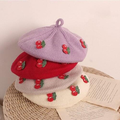 Kids Baby Girls Hat Beret Child Autumn Winter Beanies Outdoor Warm Japanese Style Small Cherry Childrens Fashion Beret Hat