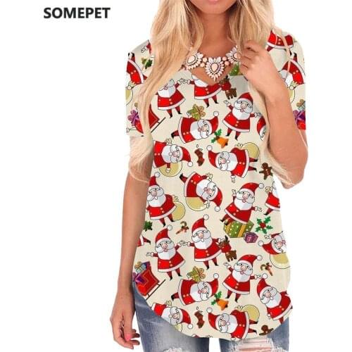 SOMEPET Santa Claus T-shirt women Christmas Shirt Print Gift V-neck Tshirt Party Tshirts Printed Womens Clothing Summer Cool