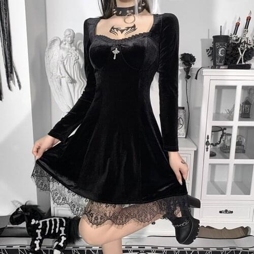Gothic Black Dress Autumn Clothing Punk Long Sleeve High Waist Dress Streetwear Patchwork Lace Velvet Party Dresses