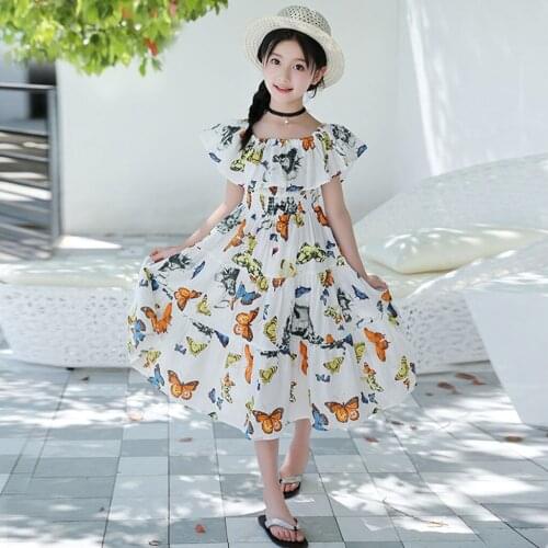 TELOTUNY Summer dress Teen Children Girls Butterfly Print Ruffles Off Shoulder Bohemia Beach Dress 2021 Summer Princess Dress