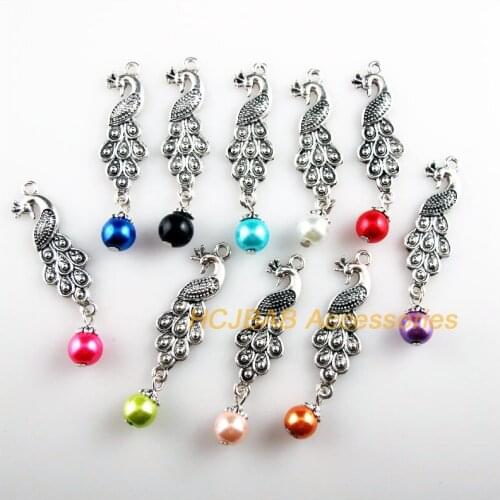 Fashion 10Pcs New Animal Peacock Charms Mixed Glass Beads Pendants Tibetan Silver 12.5x50mm