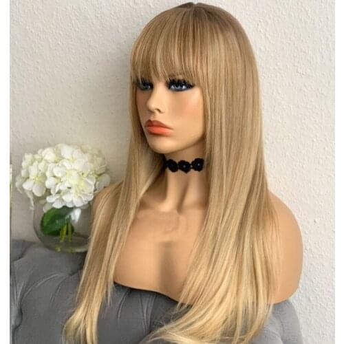 Remy Bangs Golden Blonde Glueless 13x4 Lace Wig For Women With Babyhair Pre Plucked 26 Inches Long Wig Brazilian Can Dye Permed