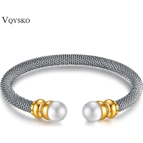 New Products Stainless Steel Fashion Jewelry Twisted Line C Type Adjustable Size Bangles, Pearl Bracelets For Women