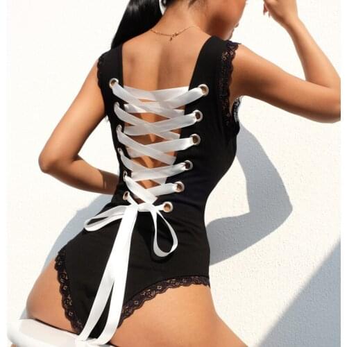 Lace Up Skinny Lace Patchwork Black Sexy Bodysuits Women Stretch Sleeveless Open Crotch Hollow Bodysuit Gothic Backless Cross