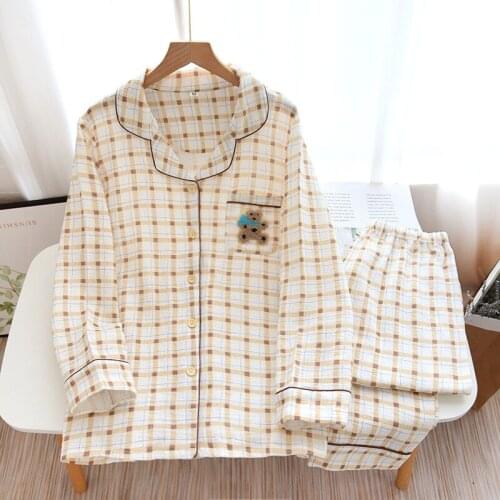 Pajamas Set Women Spring Autumn Pure Cotton Gauze Thin Summer Long Sleeve Trousers Ladies Sleepwear Home Wear Loose Comfy Soft