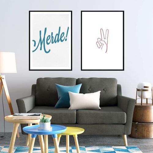Simple Blue English Letter Merde Canvas Painting Peace Scissors Hand Poster Print Decor Wall Art Picture For Living Room Bedroom