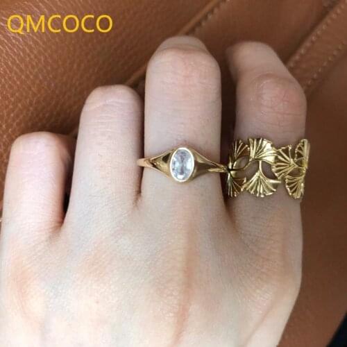 QMCOCO 2021 New Style 925 Silver Classic Punk Design Ginkgobiloba Ring For Women Fashion Light Luxury Party Jewelry Accessories