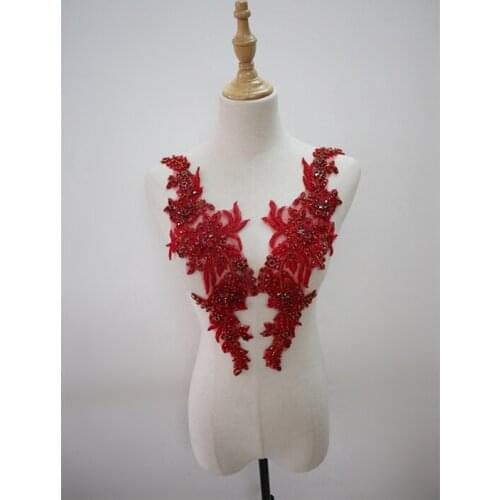Luxury red rhinestone applique pair, crystal beaded lace rhinestone sash headband shoulder body back appliques dress straps