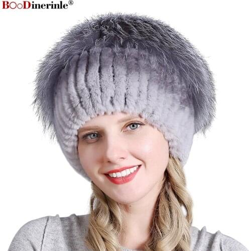 Luxurious Womens Hats Rabbits Hair Weave Hats Warm Thickening Silver Fox Pompon Fur Hats Knitting Cotton Beanie BOoDinerinle