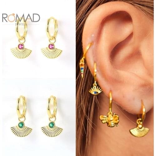 ROMAD Women Green Rose Red Zircon Huggie Earrings 925 Sterling Silver Sector Pendant Hoops Earring Fine Jewelry Kolczyki Damskie