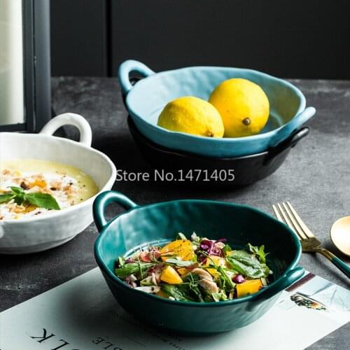 Nordic Matte Creative Binaural Bowl Ceramic Soup Bowl Ramen Bowl Retro Salad Bowl Hammer Bowl Household Tableware Bowl