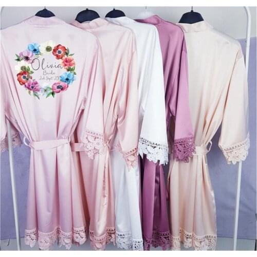 Wedding lace satin floral wreath robe custom bridal party initial dressing gown bridesmaid gift sister of bride silk kimono robe