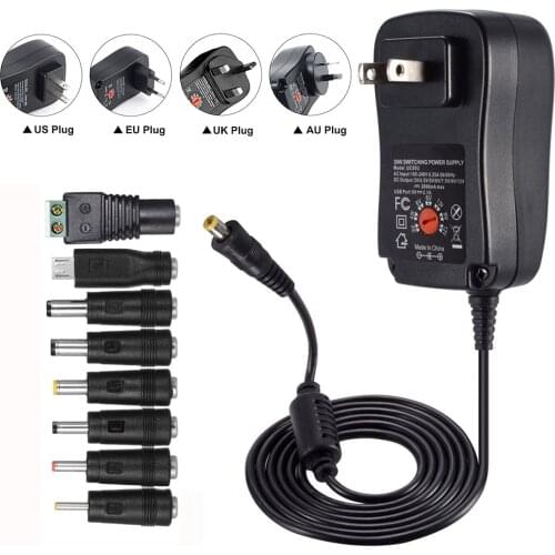 30W Universal US UK EU AU Plug AC/DC Adapter Switch Power Supply with 8 Selectable Adapter Tips + Micro USB Plug 3V-12V Charger