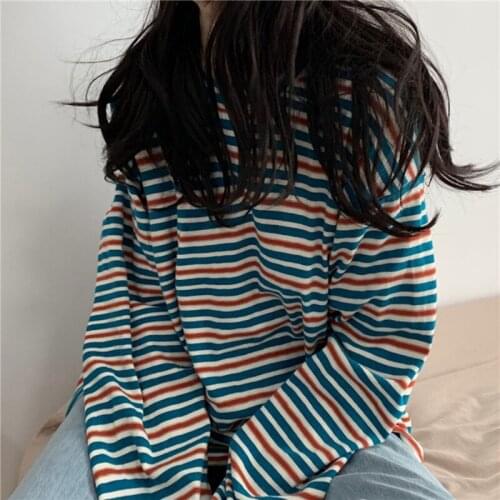 Spring And Autumn Couples Striped Womens Long-Sleeved T-Shirt Korean Version Of The Bottoming Shirt Students Loose Tops