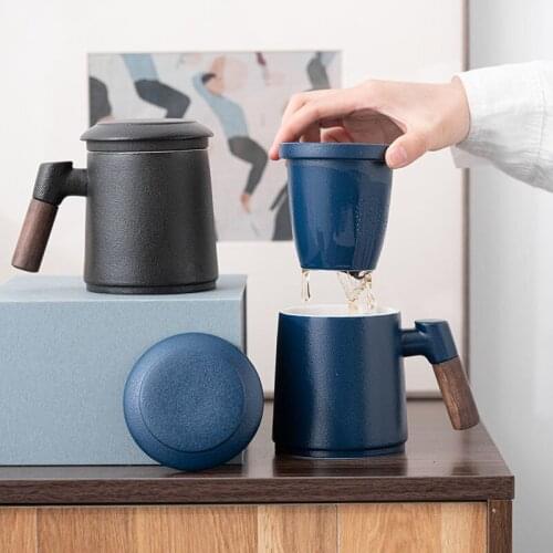 Japanese-style Vintage Ceramic Coffee Mug Tumbler Rust Glaze Tea Milk Beer Mug with Wood Handle Water Cup Home Office Drinkware