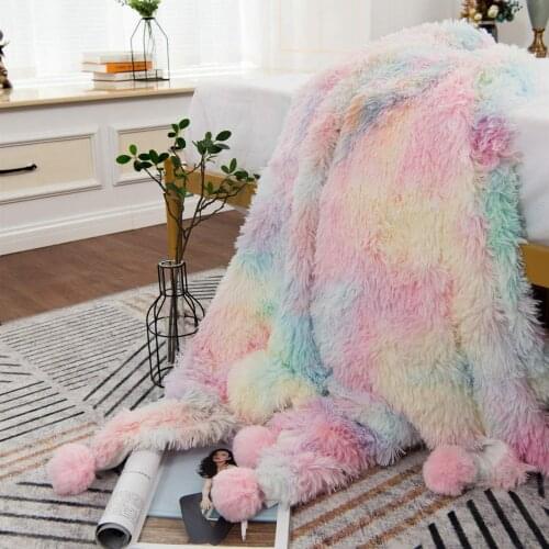 Colorful Plush Super Soft Blanket Bedding Sofa Cover Furry Fuzzy Fax Fur Throw Blanket with Pom Poms