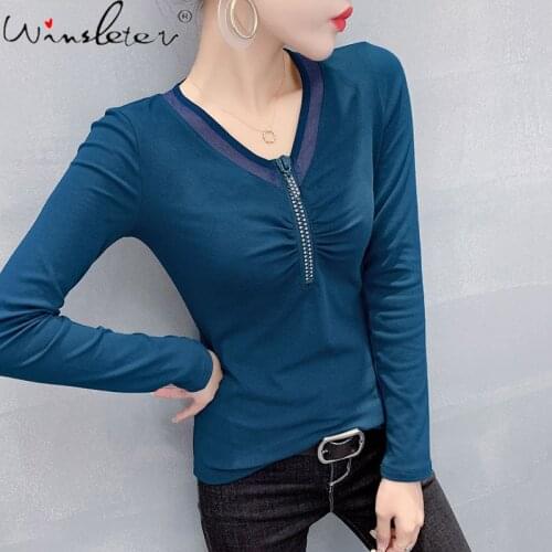 New 2020 Peacock Blue T-Shirt Women Mesh Patchwork V-Neck Zipper Ruched Long Sleeve Slim Stretchy Tops Autumn Spring T010203A