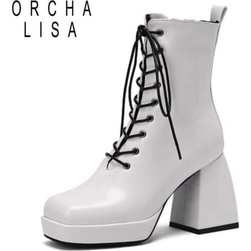 REVE CAT Short Ankle Boots Women PU Leather Strap Up Zip Slim Platform Block Thick High Heel Ladies Square Toe Fashion 43 S2356