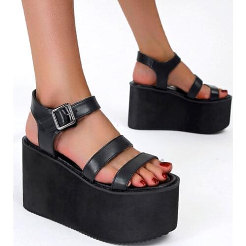 2021 Brand Design Black Comfy Walking Wedges High Heels Gothic Style Leisure Platform Sandals Summer Shoes Women