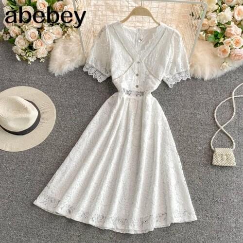 2021 New Summer Sweet temperament V-neck puff sleeve Dress high waist pleated diamonds patchwork lace A-line Dress