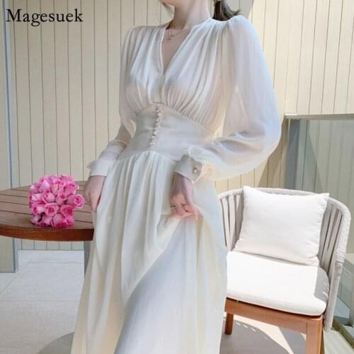 Women Sexy V-neck Loose Casual Dresses 2021 Solid Spring Summer Cshiffon Dress Women Long Sleeve Maxi Dress Female Vestido 12097