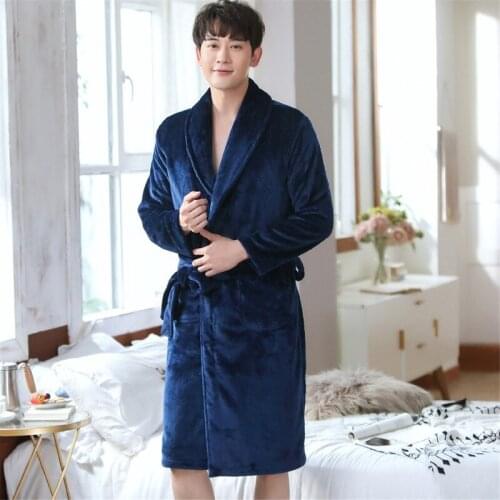 2021 Winter Mens Blue Bath Robe Long-sleeve Flannel Pajamas for Men Casual Bathrobe Male Kimono Dressing Robe Gowns Sleepwear