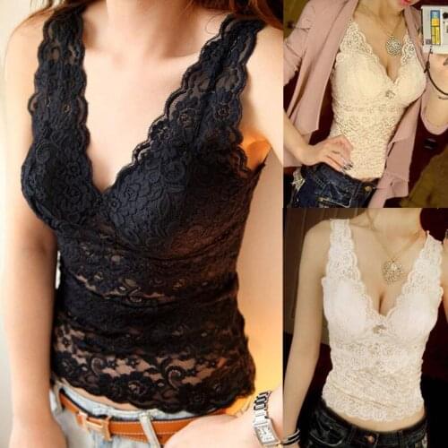 2020 Womens Sexy Tank Tops Lace Flower Pattern Tops Deep V Collar Vest Hollow Lace Tops For Female Sexy Strappy Bralet Crop Top