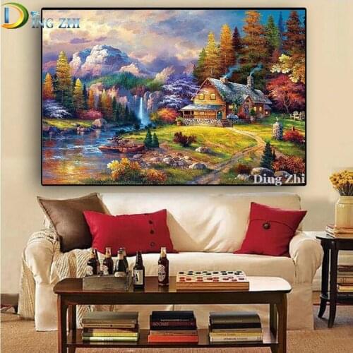 Natural Landscape 5D Diy Diamond Painting Mountain Grove Lodge Wall Decor Cross Stitch Embroidery Mosaic Full Square Round Drill