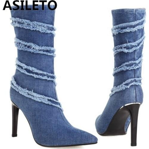 ASILETO 2021 Autumn Design Ripped Denim Ankle Boots Pointed Toe Stiletto High Heel Zip Fur inside Small Big Size 33-45 S2480