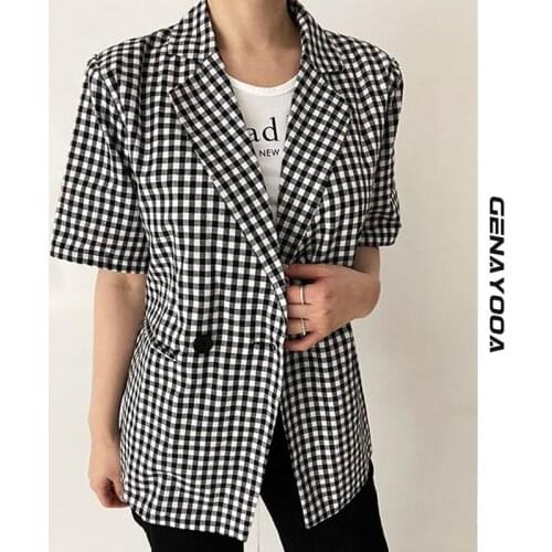 Genayooa 2021 Chic Plaid Women Blazer Summer Female Coat Suit Jacket Short Sleeve Outwear Korea Simple Office Ladies Tops