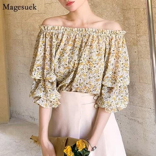 Women Summer Casual Slash Neck Sexy Blouses Korean Vintage Printed Floral Chiffon Blouse Woman Loose Womens Shirt Tops New 9546
